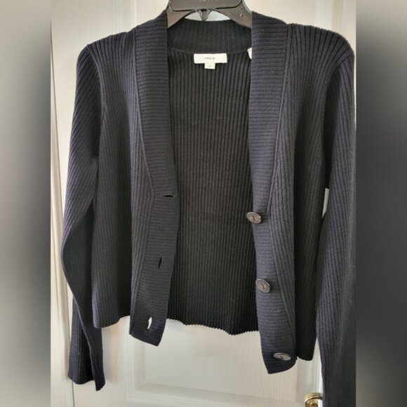 VINCE Wool Blend Ribbed Cropped V-Neck Cardigan Sweater Black Size Large - Picture 2 of 8